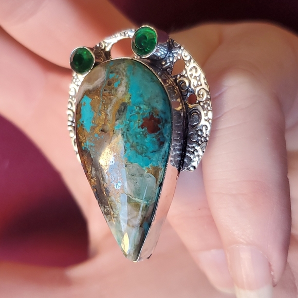 New Oversized Chrysocolla & Diopside 925 Silver Statement Ring. - Picture 7 of 14